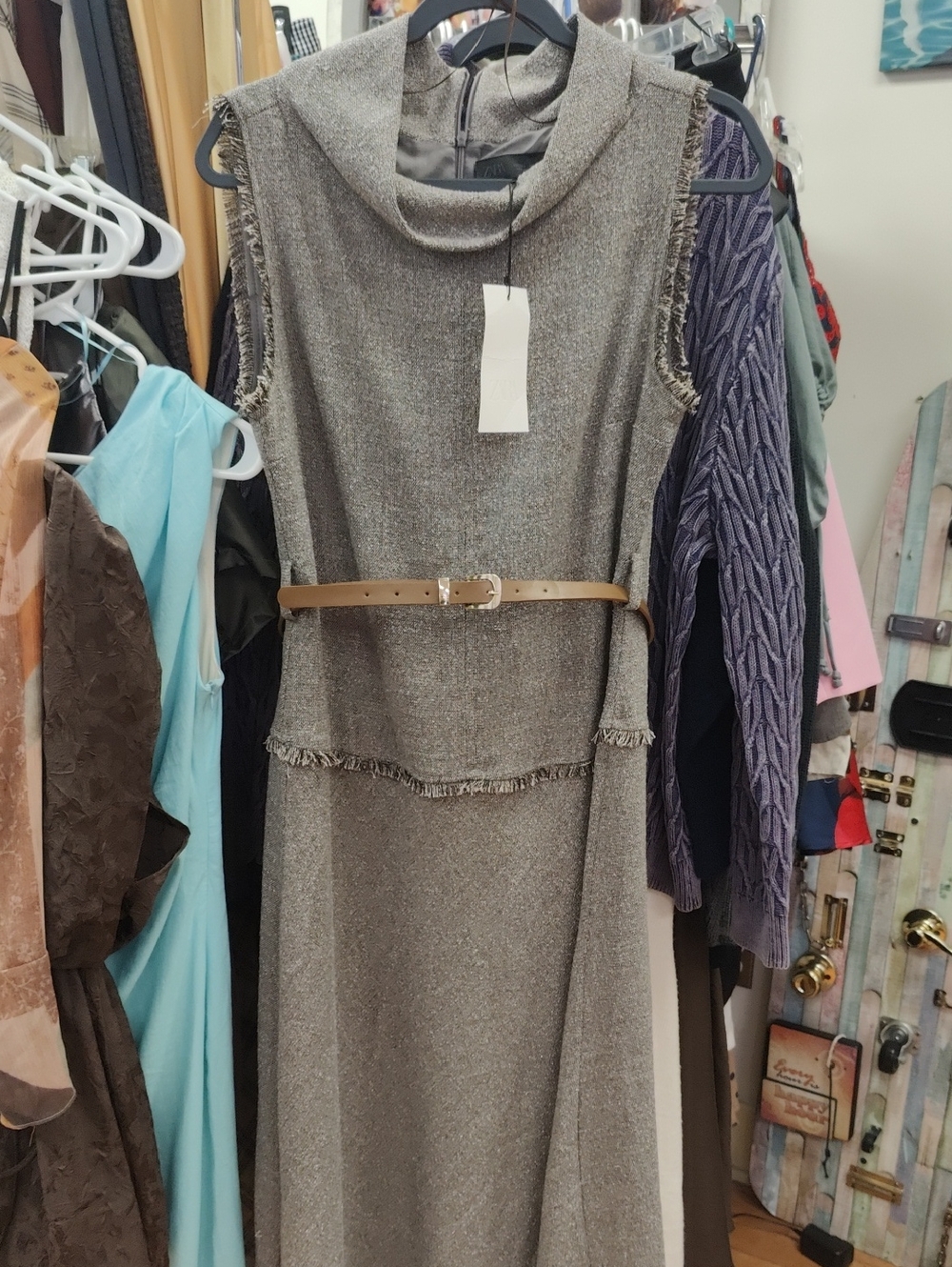 Zara Multicolor Gray Brown Sleeveless Cowl Midi Dress with Tan Belt